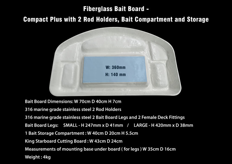 Fiberglass Bait Board - Compact Plus with 2 Rod Holders, Bait Compartment and Storage