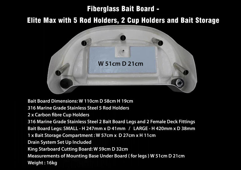 Fibreglass Bait Board for Boat – Elite MAX with 5 Rod Holders, 2 Cup Holders & Bait Storage