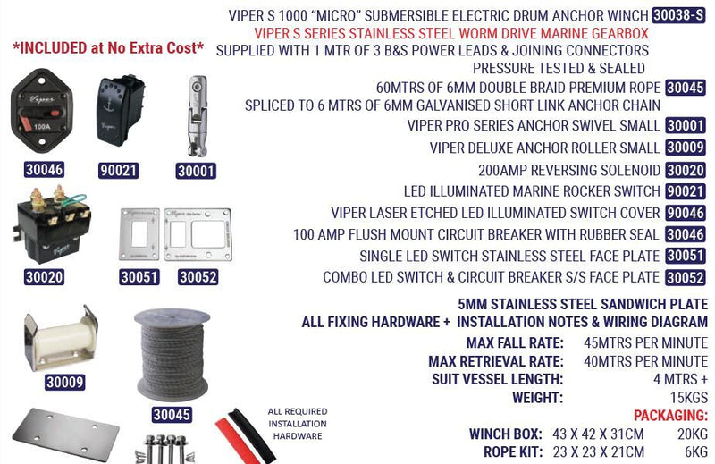 Viper “S” Series MICRO 1000 Stainless Winch Kit Inc 60m Rope and Chain + Wiring Loom