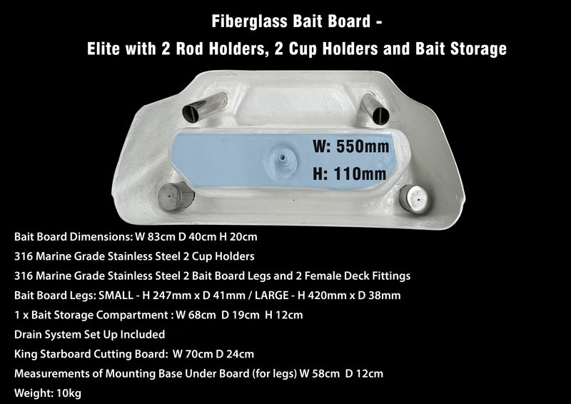 Fiberglass Bait Board - Elite with 2 Rod Holders, 2 Cup Holders and Bait Storage