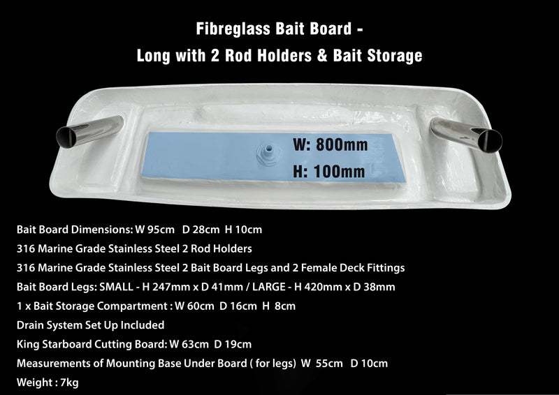 Fiberglass Bait Board - Long with 2 Rod Holders and Bait Storage
