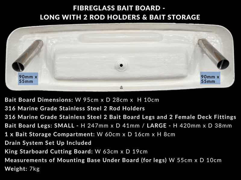 Fiberglass Bait Board - Long with 2 Rod Holders and Bait Storage