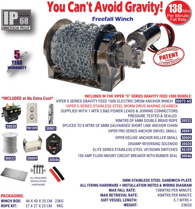 Viper “S” Series Gravity Feed 1000W All Stainless Winch Bundle 183m Rope & Chain Kit